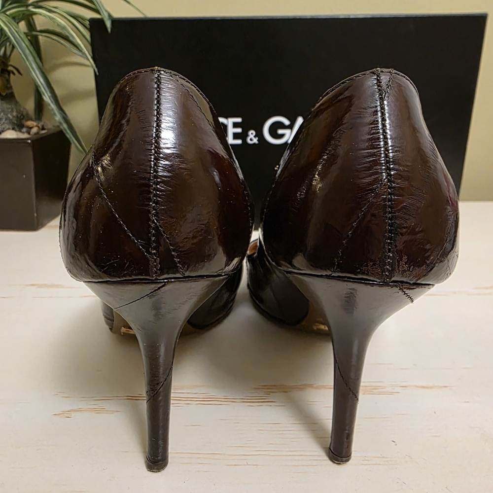 Dolce & Gabbana | Dark Brown Leather Pointed-Toe Pumps Sz 36.5 - Picture 9 of 12
